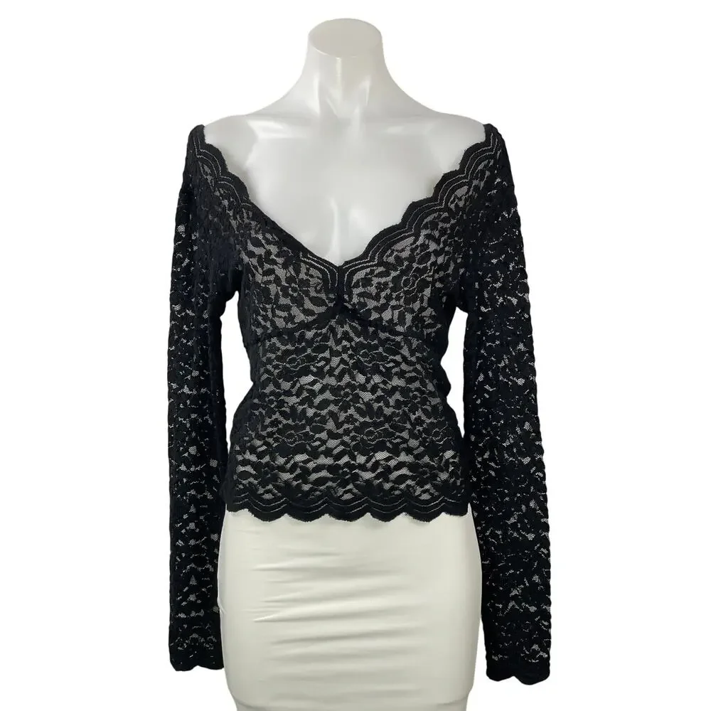Zara Women's Black Long Sleeves Floral Lace Sheer Plunging V-neck Blouse Top L